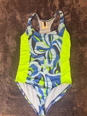 Spyder Girl’s One-Piece Swimsuit - Blue & Neon Green Floral - Size M (10/12)